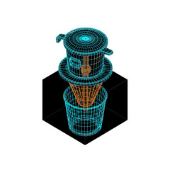 An intricate blue and orange wireframe 3D model precisely depicts a Vietnamese coffee filter and cup, artfully placed on a black cube, highlighting digital design.
