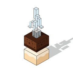A modern isometric illustration displays a layered dessert: dark brownie, light cream base, and abstract crystal topping on white.