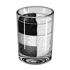 This intricate black and white hand-drawn illustration captures a beautifully layered shot glass, perfect for vintage cocktail menus or beverage designs.
