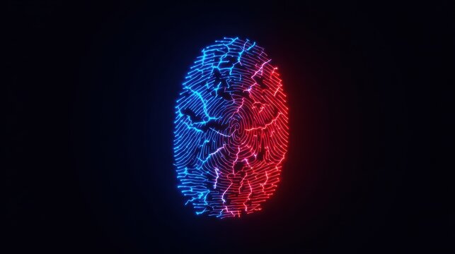 Cracked Fingerprint Icon With Glitch Effects Showcasing Identity Theft in Dark Blue and Red Neon Colors - Powered by Adobe