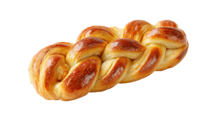 A long, brown braided pastry sits on a white background