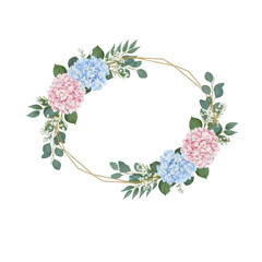 Hydrangea and eucalyptus floral oval frame isolated on transparent background