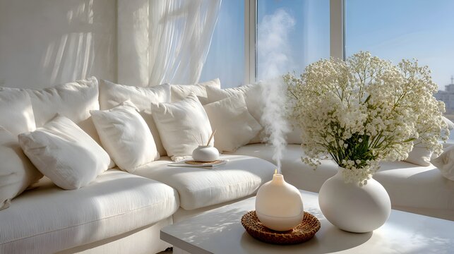 An aroma diffuser releases fragrant mist into a bright living room featu white decor, soft pillows, and a view of the sparkling sea horizon.