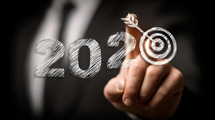 In 2020 a business person points to an arrow in the center of a representing achieving business goals and success in that year.