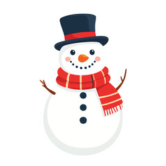A friendly cartoon snowman wearing a black top hat, a red scarf, and stick arms, isolated on a white background.