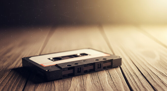Vintage retro audio cassette tape on wooden background, old music recording technology