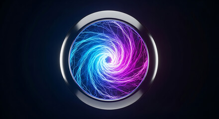 Abstract vortex of swirling energy with blue and purple lightning in a circular metal frame