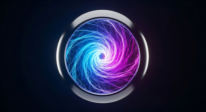 Abstract vortex of swirling energy with blue and purple lightning in a circular metal frame