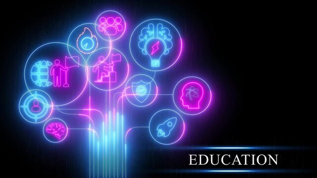 Neon light abstract concept tree with icons representing education and learning on a dark background