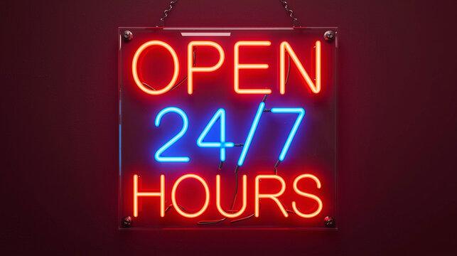 Neon Sign Mockup: Bright Red and Blue OPEN 24/7 HOURS for Business Service and Availability - Powered by Adobe