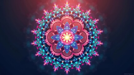 Vibrant abstract mandala with geometric patterns and neon lights