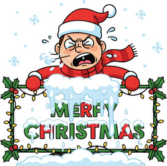 Cartoon man in winter clothes holding a merry christmas sign with snow falling editable vector format for creative use