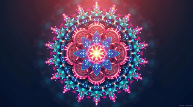 Vibrant abstract mandala with geometric patterns and neon lights