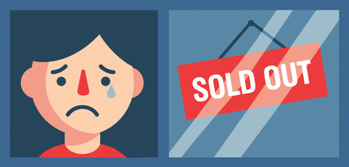 A cartoon of a crying person looking at a sold out sign in a store window flat minimal vector design layout