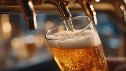 A glass of beer is poured from a tap