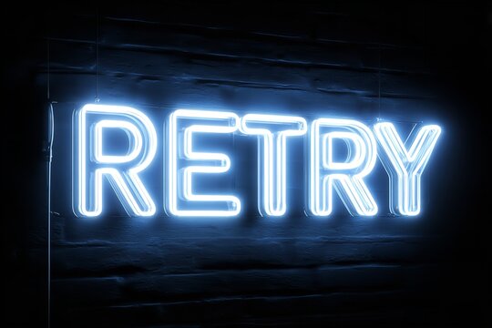 Bright blue neon sign displaying the word retry glowing against a dark background as night settles in