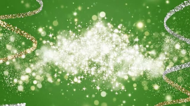 White glowing light effect with many glitter particles. Starry cloud with dust. Magic christmas decoration. Luminous bokeh softly shimmering white light. Light abstract glowing lights on light green s