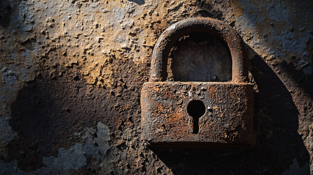 Weathered padlock with textured surface and rust details evokes nostalgia and decay, perfect for historical or grunge themed designs