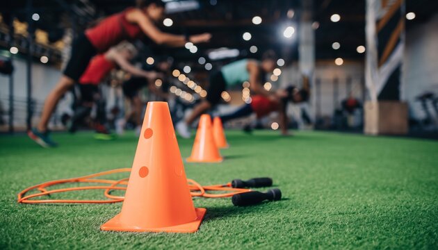Orange training cones and jump ropes on artificial turf with blurred athletes exercising in a modern gym, concept for fitness, sports and wellness.