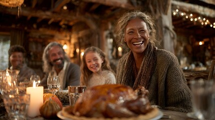 Obraz premium An African American grandmother joyfully celebrates Thanksgiving with her family at the dinner table in a cozy rustic cabin setting in autumn.