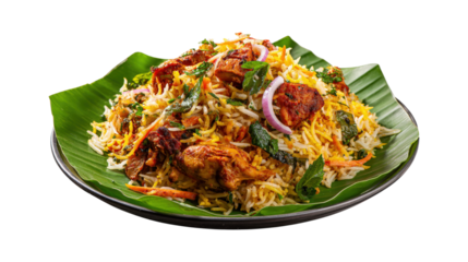 A plate of food with chicken and rice on a leafy green plate
