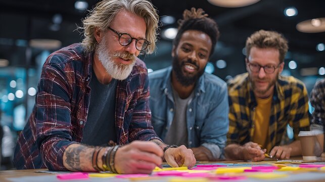 Diverse team collaborates creatively on project planning using sticky notes du a brainstorming session in modern office environment currently.