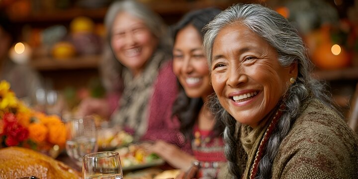 Three generations of cheerful women celebrate Thanksgiving together around the holiday dinner table with smiles and laughter.