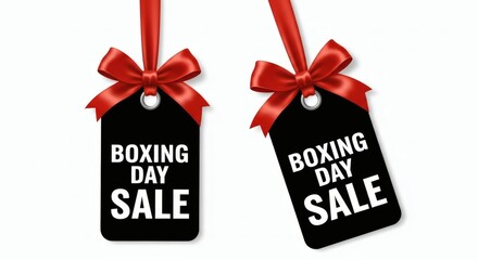 Two black boxing day sale tags with red ribbons and bows