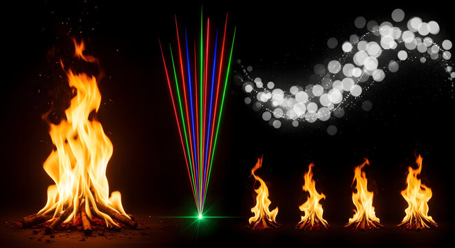 Abstract composition featuring fire, colorful laser beams, and bokeh lights on a dark background