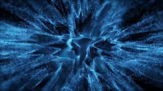abstract blue particle explosion loop cinematic digital ice burst energy data flow background vortex animation