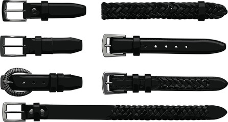 Black leather belt collection with silver buckles, braided and plain designs, stylish fashion accessories, men’s clothing detail, casual and formal wear illustration