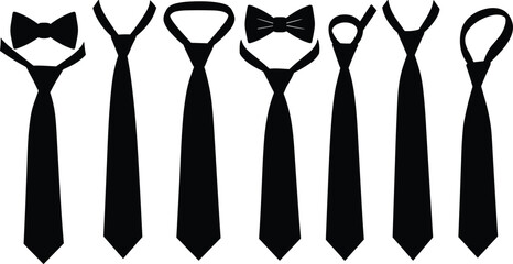 Black necktie and bow tie silhouettes, isolated formal wear icons, fashion accessory design, vector illustration set, clothing element, business style template