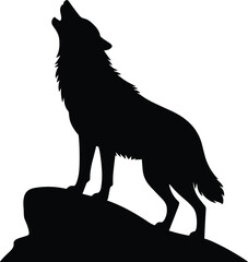 Black silhouette of a howling wolf standing on rock, wild animal, nature wildlife concept, isolated on white background, forest predator, wilderness spirit