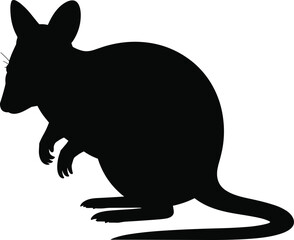 Black silhouette of mouse rodent animal sitting with long tail, isolated on white background, wildlife nature illustration, small mammal profile