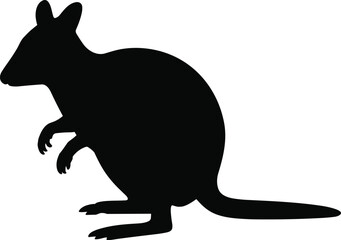 Black silhouette of kangaroo animal standing, side profile of marsupial wildlife, isolated on white background, nature wildlife illustration