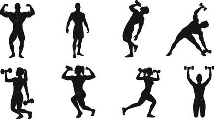 Black silhouettes of men and women lifting weights, bodybuilding, strength training, fitness, exercise, workout, muscle building, health, hydration, gym, power, athletic.
