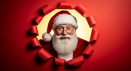 Santa claus peering through a torn red paper with a joyful smile