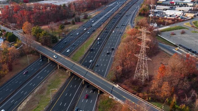 Aerial view of the Garden State Parkway and an overpass in Sayreville, New Jersey