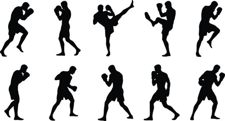 Boxing silhouettes of male fighters training and fighting, martial arts poses, kickboxing and boxing action, sports workout, fitness concept