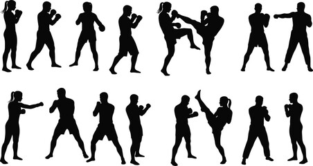 Boxing silhouette, martial arts training, kickboxing couple, sparring practice, male female fighters, combat stance, self defense, fitness workout, punch pose