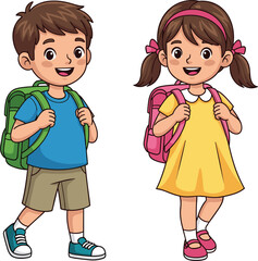 Boy and girl with backpacks, kids walking to school, happy children, school bags, smiling kids, elementary school, education, childhood, kids friends, colorful 