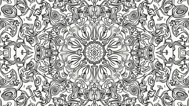 Intricate black and white abstract mandala pattern with symmetrical design