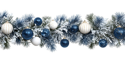 Frosty pine garland with baubles isolated on white background - Christmas garland with blue and white ornaments