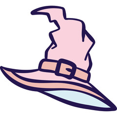 A light pink witch hat with a pink belt and buckle on a transparent background featuring a dark blue outline and a pale blue accent at the brim perfect for fantasy or Halloween themes