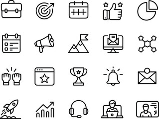 Business and marketing icons set, briefcase, target, calendar, thumbs up, pie chart, megaphone, mountain flag, email, trophy, rocket