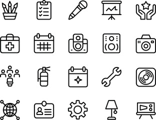 Business and office icons set, calendar, teamwork, tools, technology, presentation, medical kit, camera, fire extinguisher, lamp, communication, gear, checklist