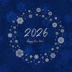 2026 happy new year. white text on blue repetitive background with snowflakes frame. greeting card. vector template on seamless pattern.