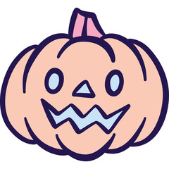 Cute cartoon Halloween pumpkin with a friendly face and a pink stem isolated on a transparent background