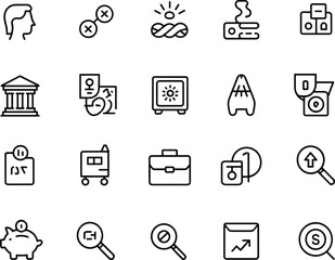 Business icons set, finance, money, bank, briefcase, growth, investment, savings, analysis, magnifying glass, piggy bank, success, strategy, portfolio, financial planning