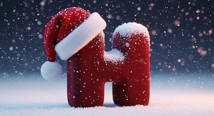 A red letter h wearing a santa hat in a snowy winter background